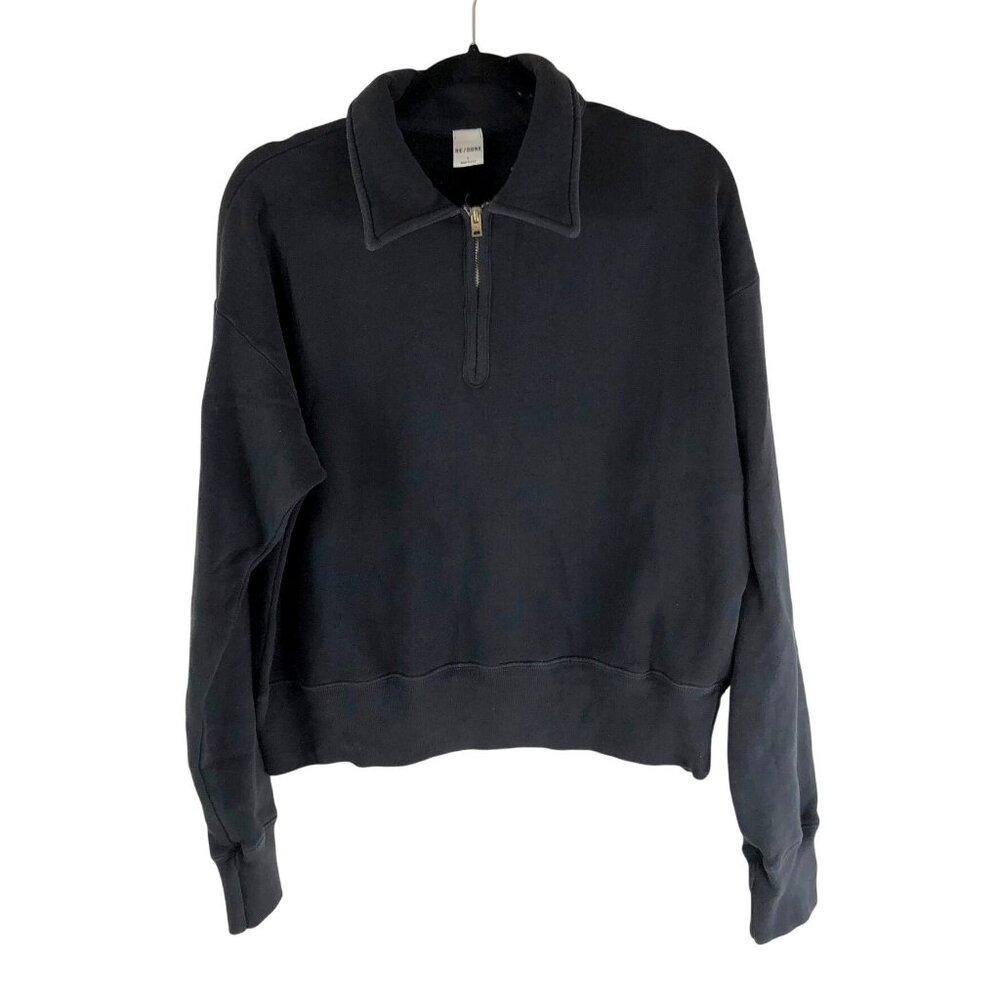 Re/Done Womens 70s Half Zip Sweatshirt Long Sleeve Fleece Pullover Black XS